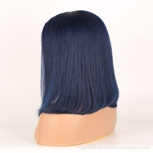 Dark Blue Color Highlight Lace Front Wig,Cheap Human Hair Blue Hair Wigs, Colored Piano Bule Two Tone Lace Bob Wigs